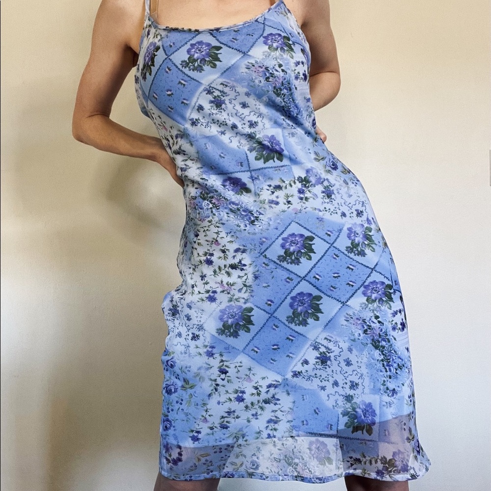 VINTAGE • Y2k Baby Blue My Michelle Strappy Floral Midi Dress - Picture 1 of 5